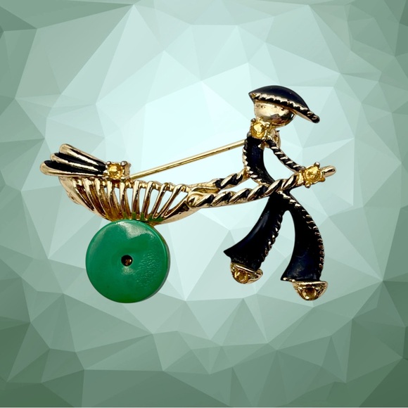 Cute Vintage Figural Asian With Rickshaw Cart Brooch Gold Tone Enamel Lucite - Picture 3 of 11